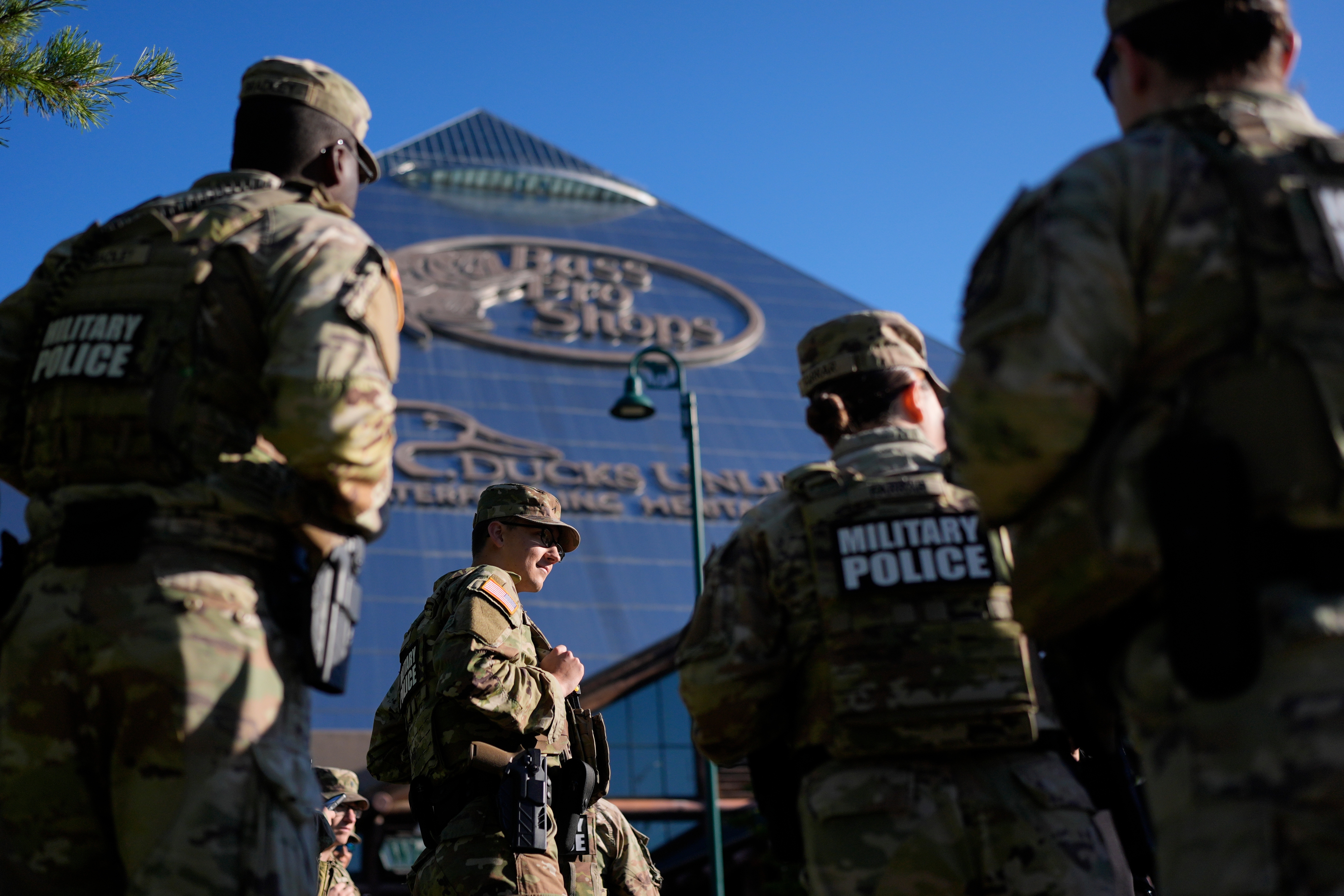 Members of National Guard patrol outside a Bass Pro Shops on Oct. 10 in Memphis, Tenn.